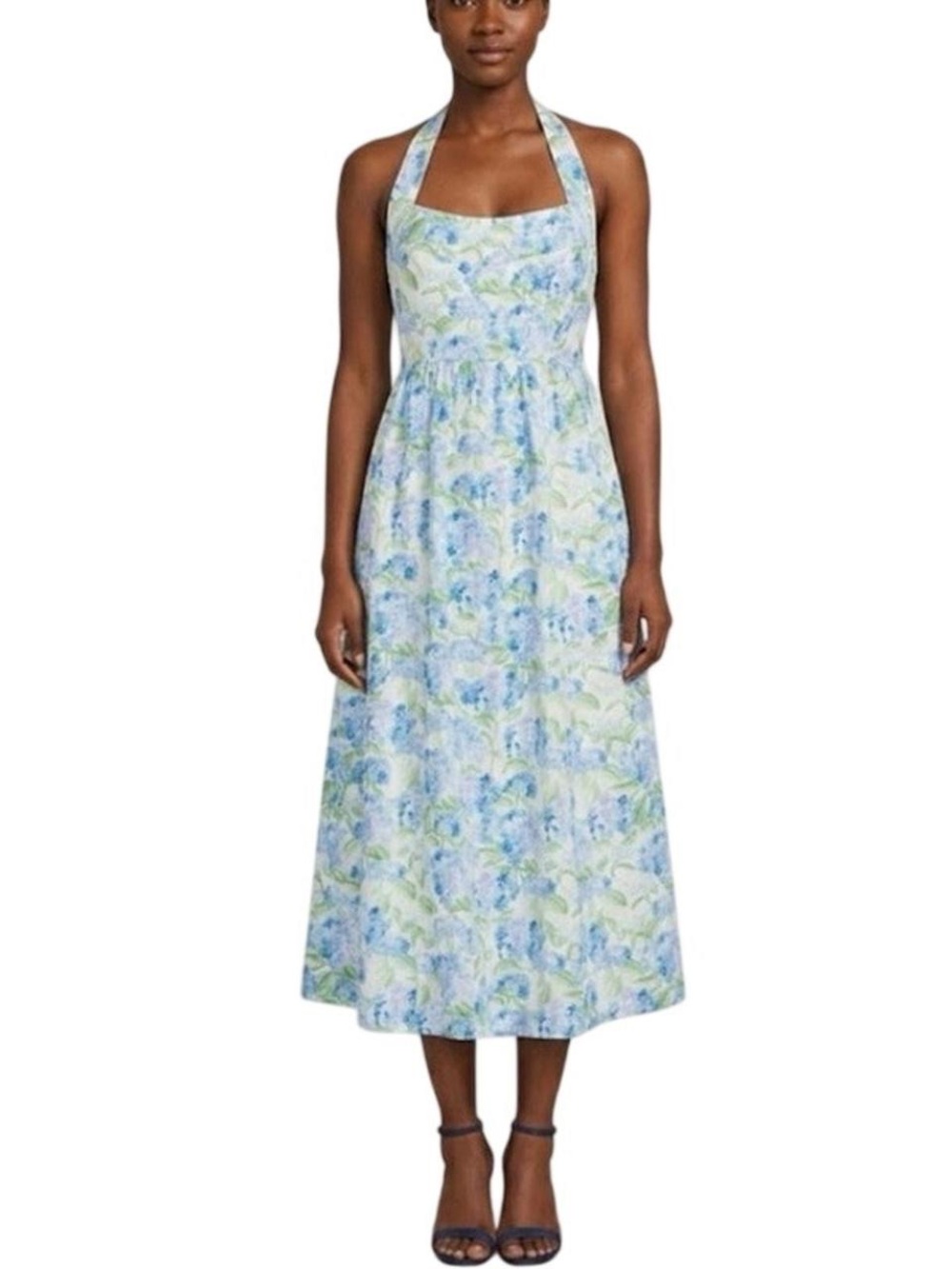 NWT Hill House Fleur Halter Midi Dress in blue Hydrangea Print